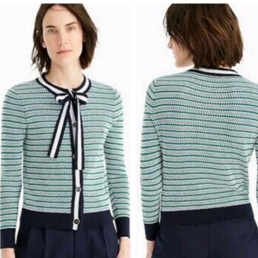 EUC J. Crew cotton Lady Chic Textured Striped Cardigan Tie Neck Sweater Top Size
